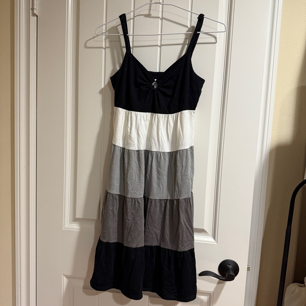 Loft black white grey stripes knee length dress